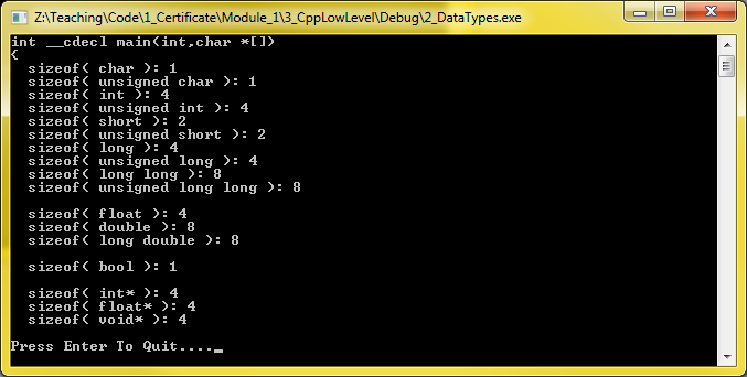Types de base du C++ (win32 compilé sous Windows 7 avec VS2010)